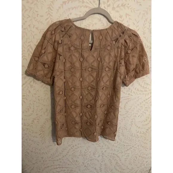 Anthropologie Maeve Beige Lace Puff Sleeve Blouse - Picture 5 of 5